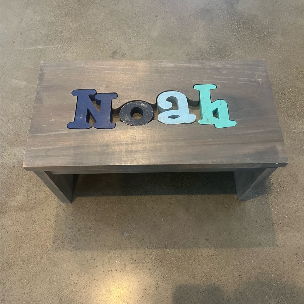 Custom Wooden Step Stool Colorful 'NOAH' Letter Accents giraffe cutout